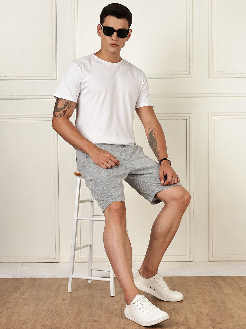 Thomas Scott Men Olive Mid-Rise Straight Fit Micro Checks Woven Linen Shorts