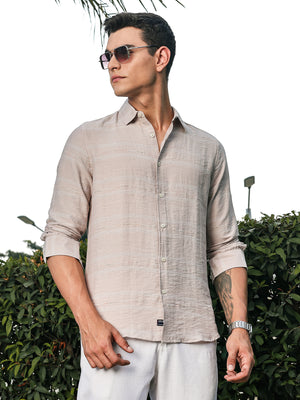 Thomas Scott Men Beige Slim Fit Long Sleeves Horizontal Stripes Casual Shirt