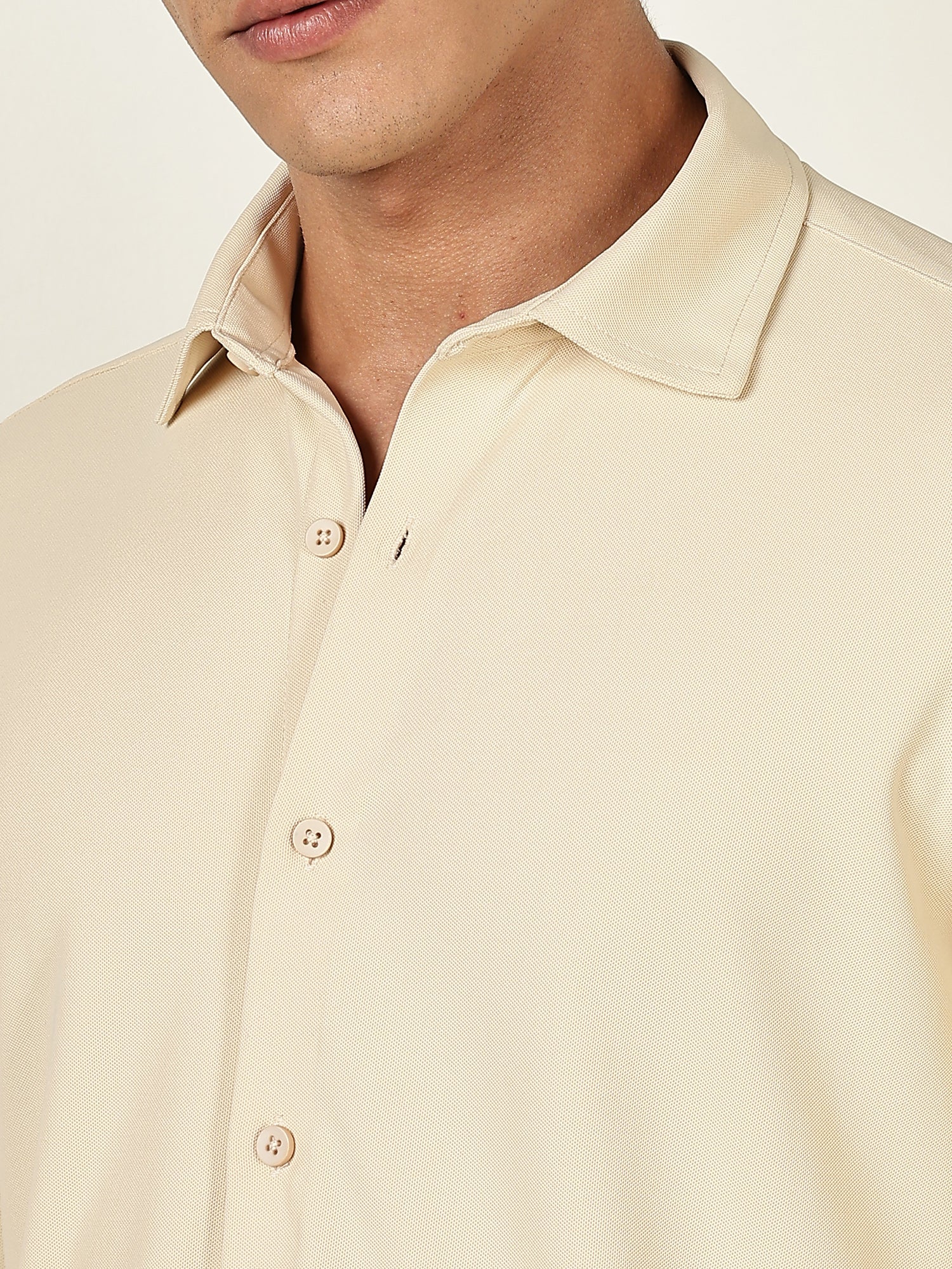 Thomas Scott Men Beige Premium Slim Fit Long Sleeves 4 Way Stretch CoolMax Knitted Casual Shirt