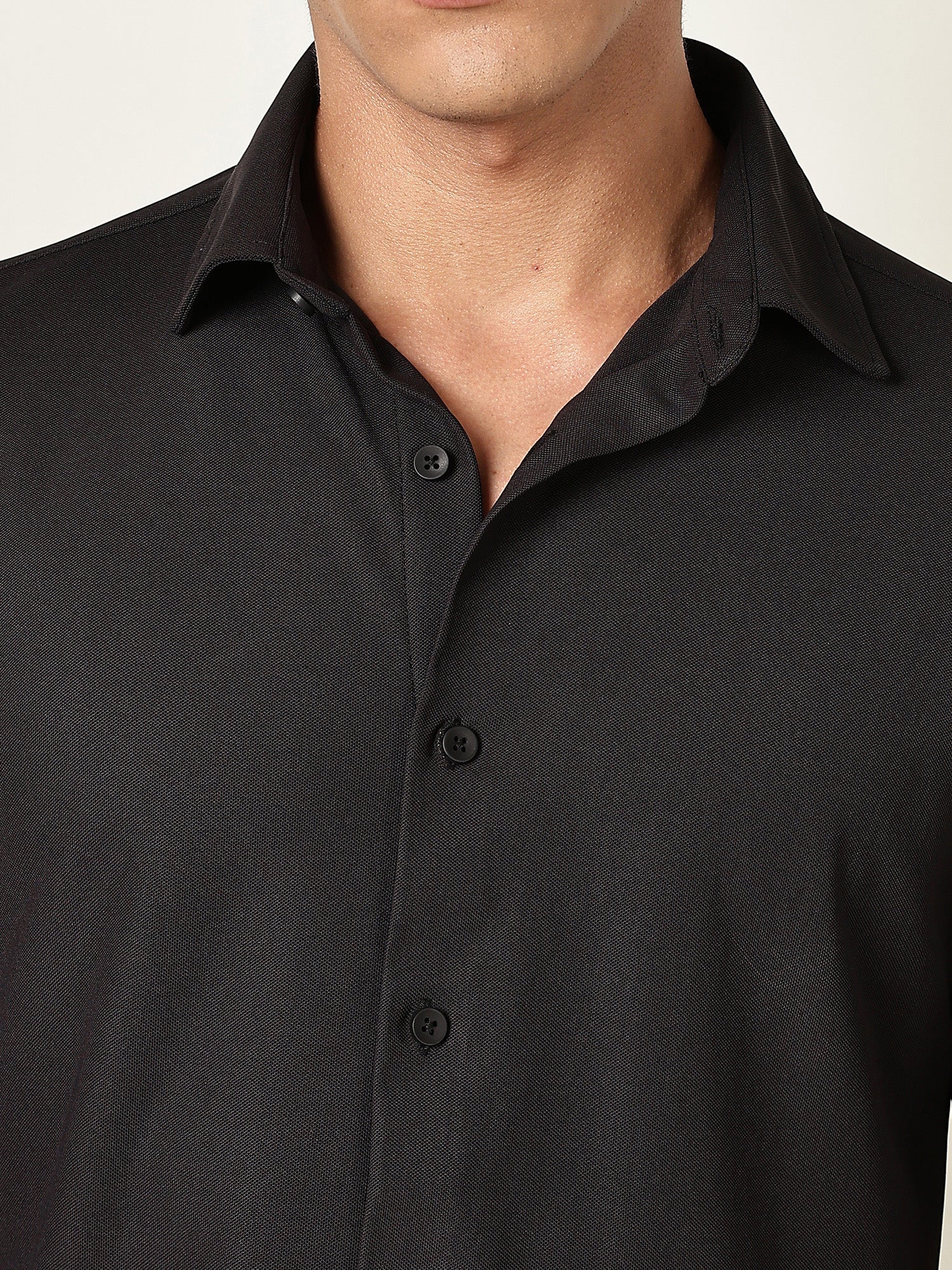 Thomas Scott Men Black Premium Slim Fit Long Sleeves 4 Way Stretch CoolMax Knitted Casual Shirt