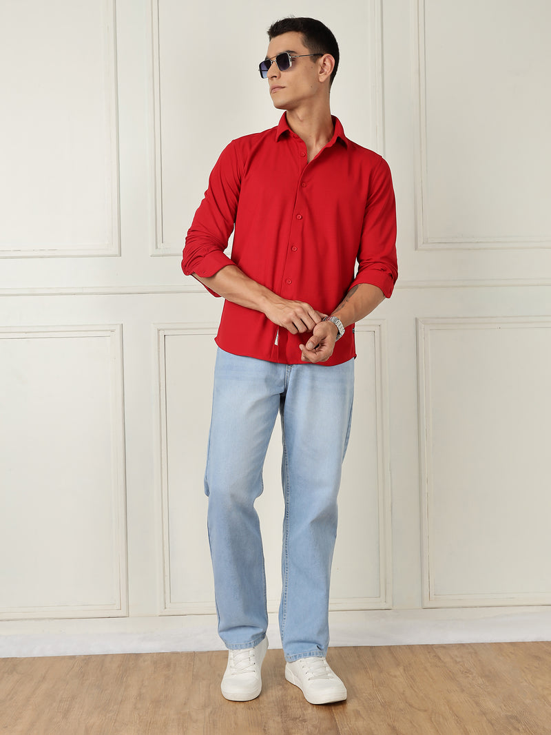 Thomas Scott Men Red Premium Slim Fit Long Sleeves 4 Way Stretch CoolMax Knitted Casual Shirt