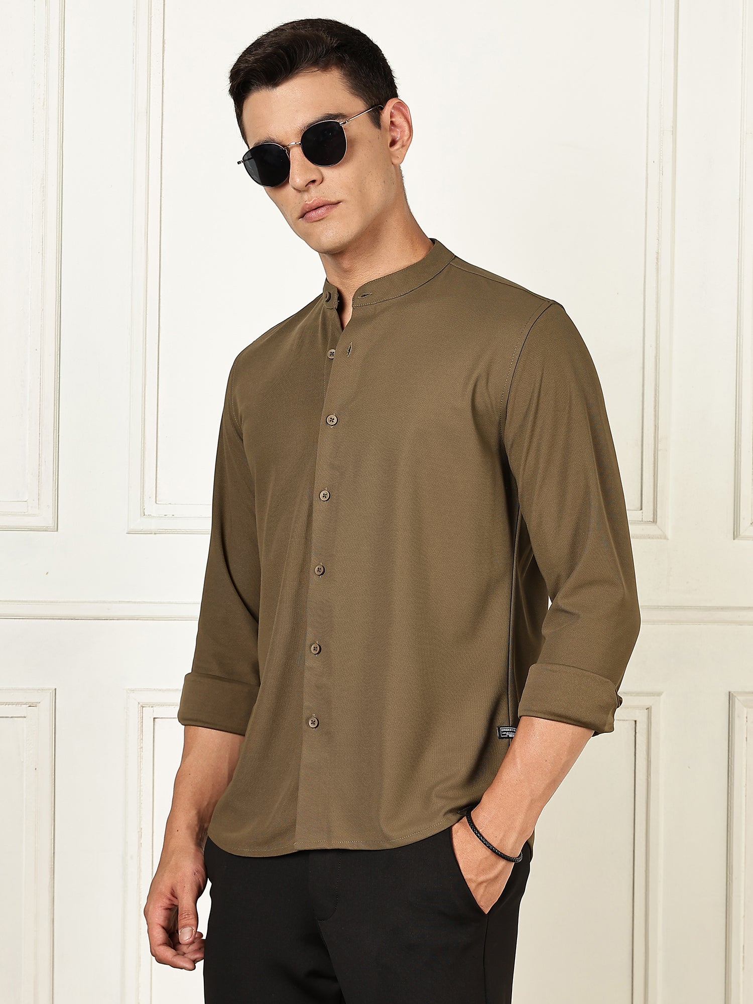 Thomas Scott Men Olive Premium Slim Fit Long Sleeves Mandarin Collar 4 Way Stretch CoolMax Knitted Shirt