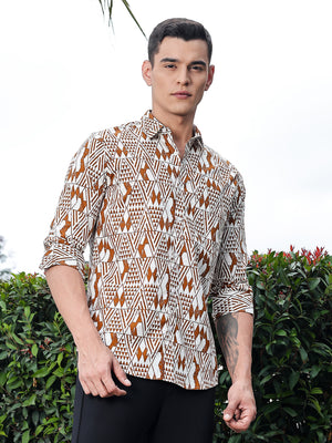 Thomas Scott Men Brown Regular Fit Long Sleeves Geometric Print Pure Cotton Casual Shirt