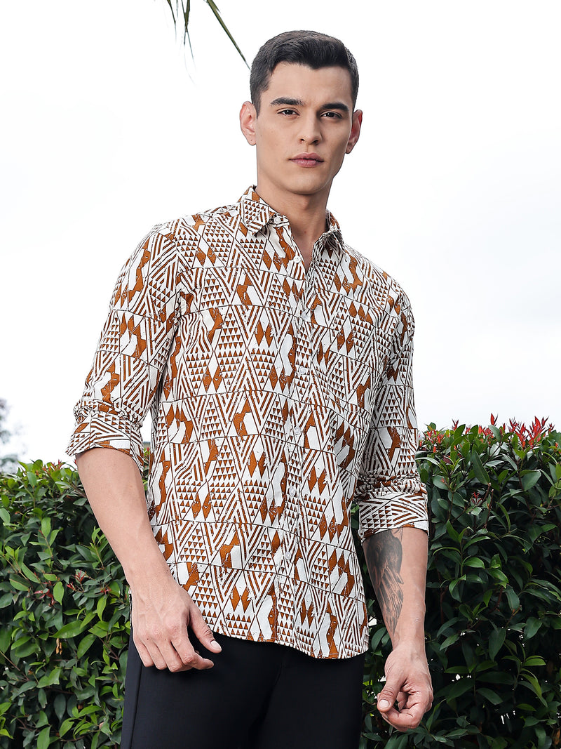 Thomas Scott Men Brown Regular Fit Long Sleeves Geometric Print Pure Cotton Casual Shirt
