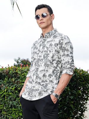 Thomas Scott Men Grey Regular Fit Long Sleeves Floral Printed Pure Cotton Casual Shirt