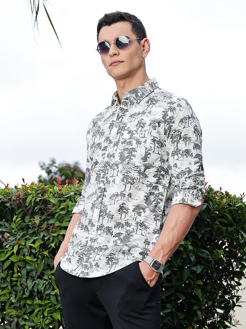 Thomas Scott Men Grey Regular Fit Long Sleeves Floral Printed Pure Cotton Casual Shirt
