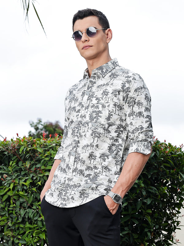 Grey Regular Fit Long Sleeves Floral Printed Pure Cotton Casual Shirt For Men