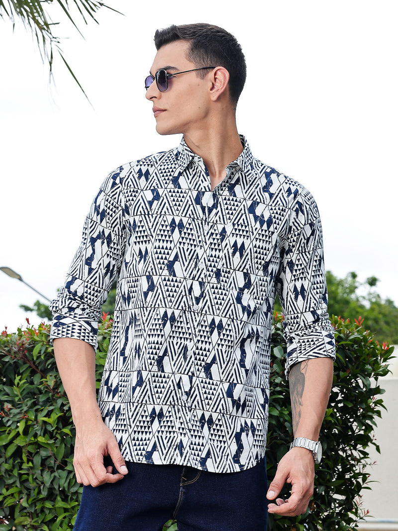 Thomas Scott Men Navy Blue Regular Fit Long Sleeves Geometric Print Pure Cotton Casual Shirt