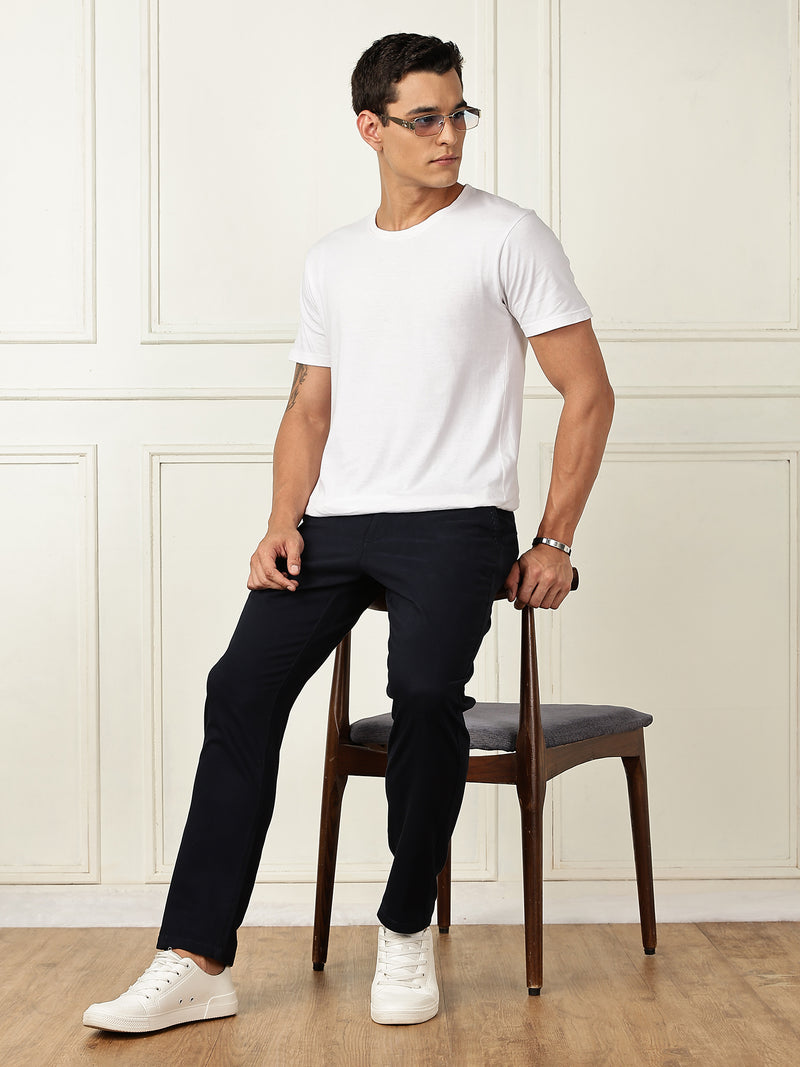 Thomas Scott Men Navy Mid-Rise Straight Fit Solid Woven Chinos Trouser