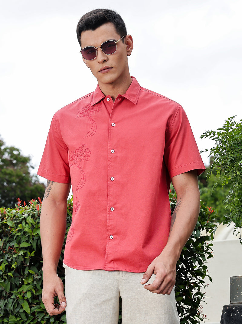 Thomas Scott Men Red Regular Fit Short Sleeves Spread Collar Embroidered Shirt