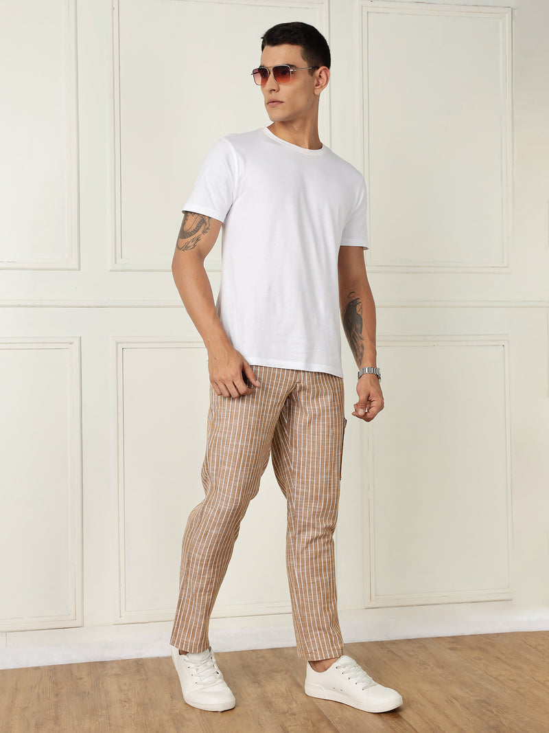Thomas Scott Men Beige Mid-Rise Straight Fit Striped Linen Trouser