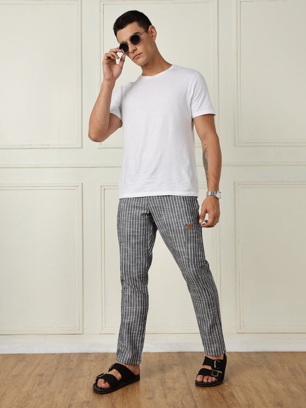 Thomas Scott Men Black Mid-Rise Straight Fit Striped Linen Trouser