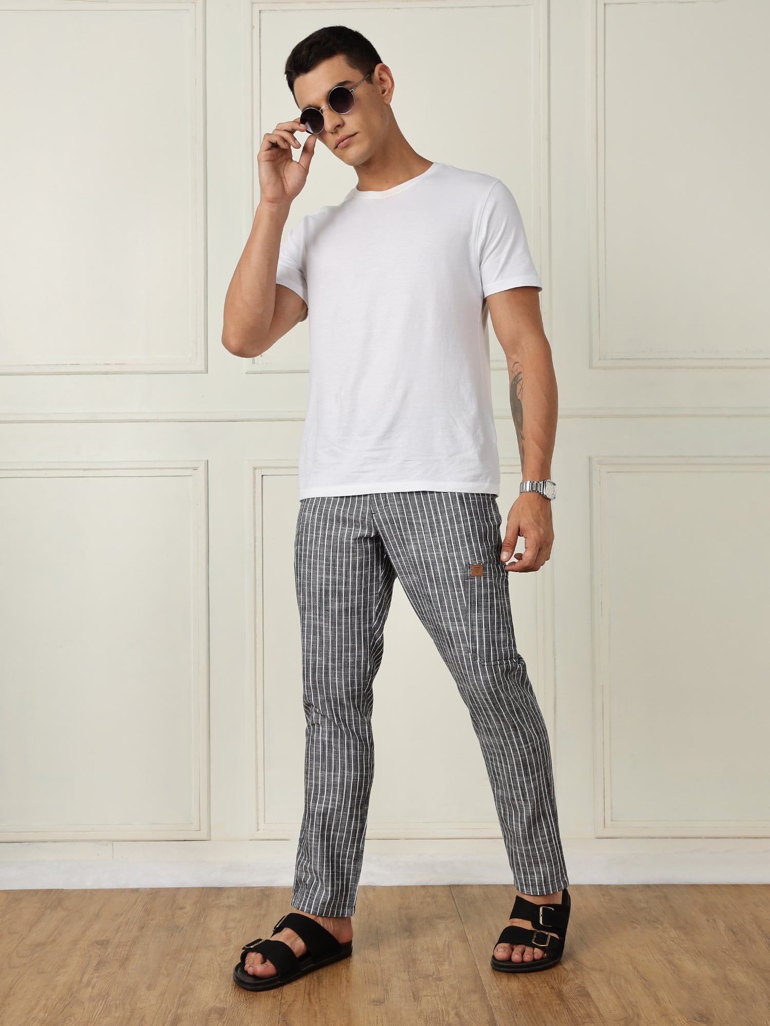 Thomas Scott Men Black Mid-Rise Straight Fit Striped Linen Trouser