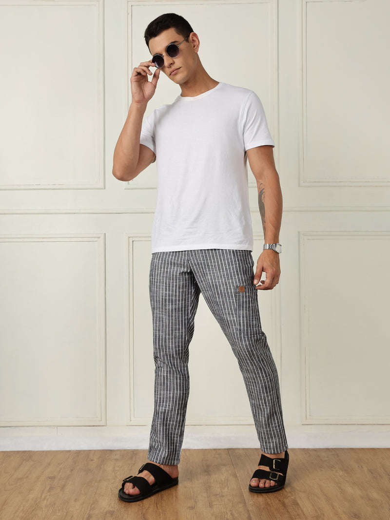 Thomas Scott Men Black Mid-Rise Straight Fit Striped Linen Trouser