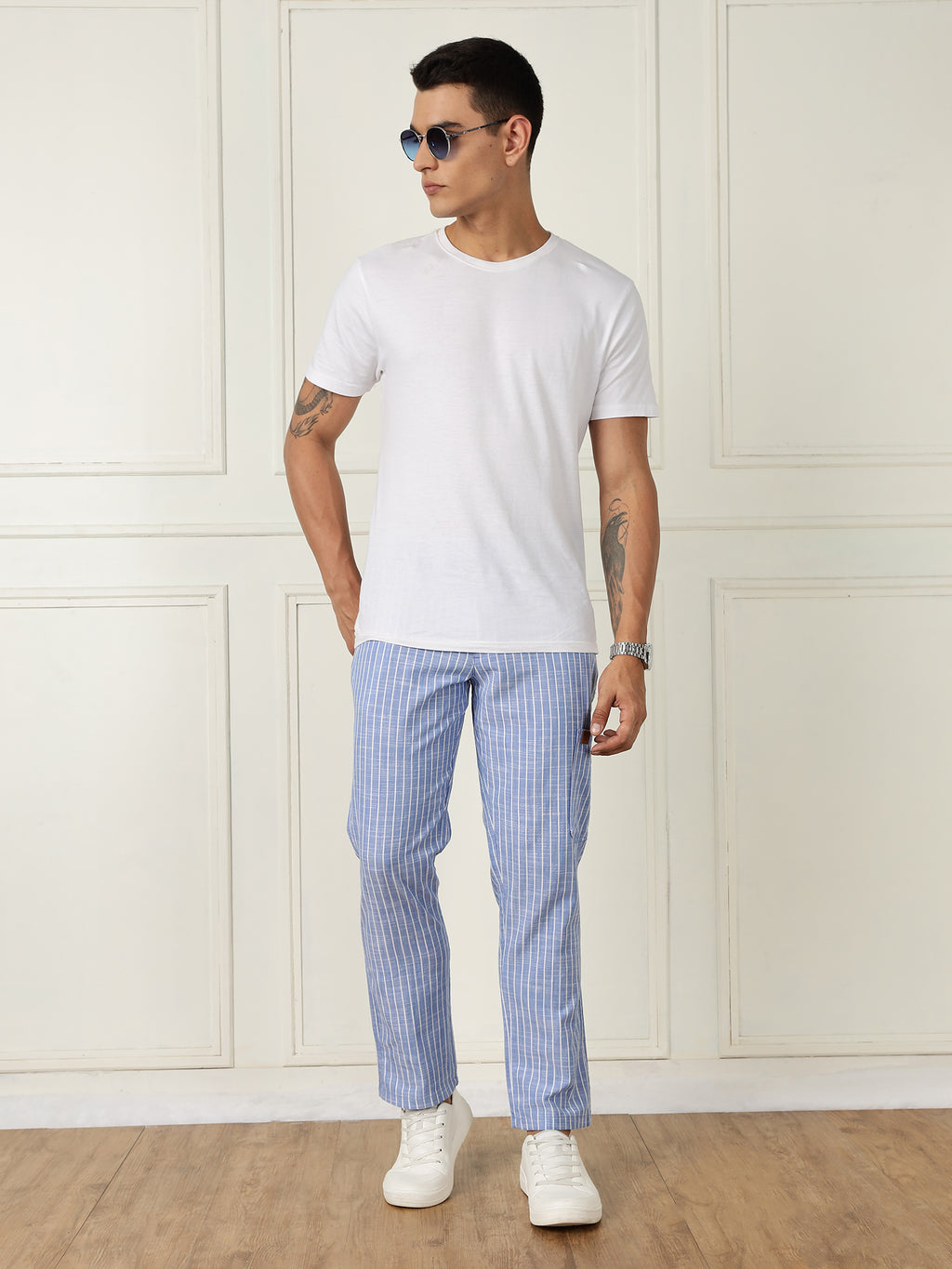 Thomas Scott Men Blue Mid-Rise Straight Fit Striped Linen Trouser