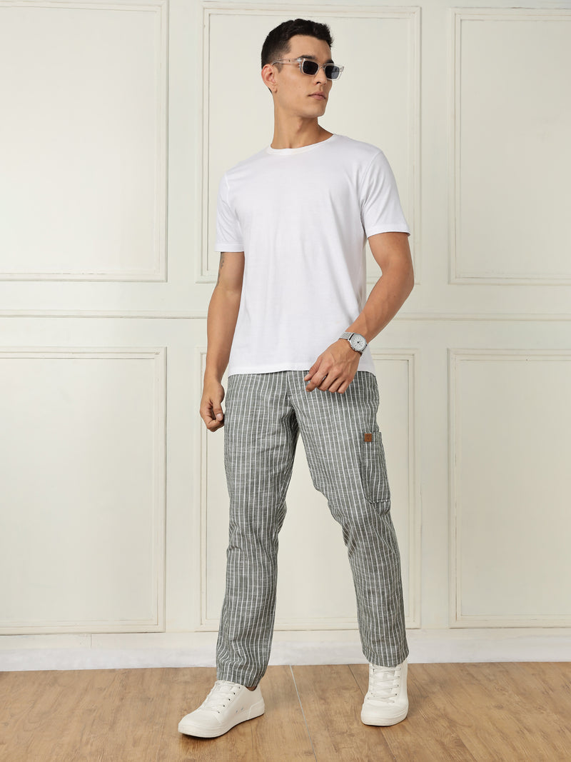 Thomas Scott Men Green Mid-Rise Straight Fit Striped Linen Trouser