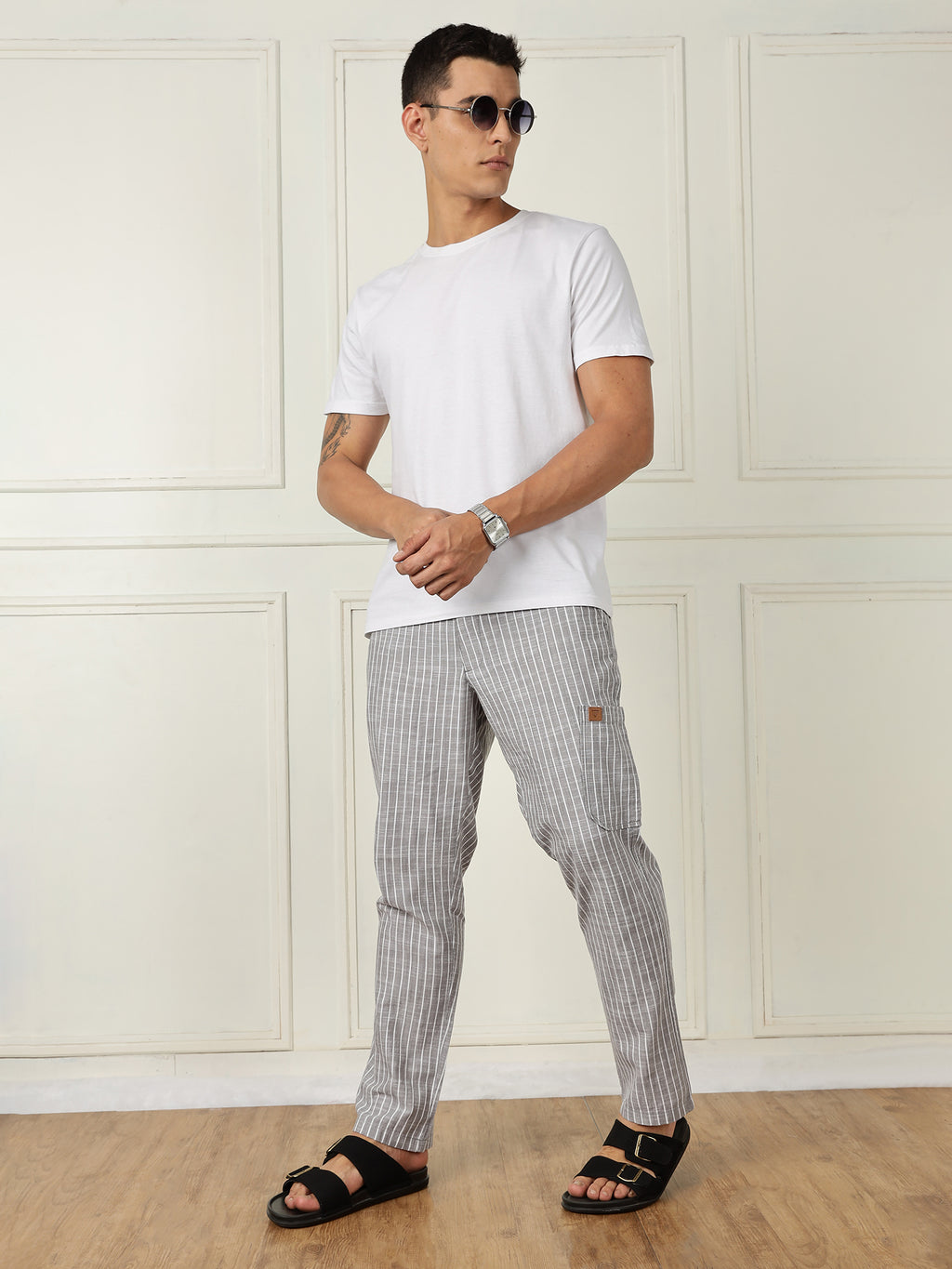 Thomas Scott Men Grey Mid-Rise Straight Fit Striped Linen Trouser