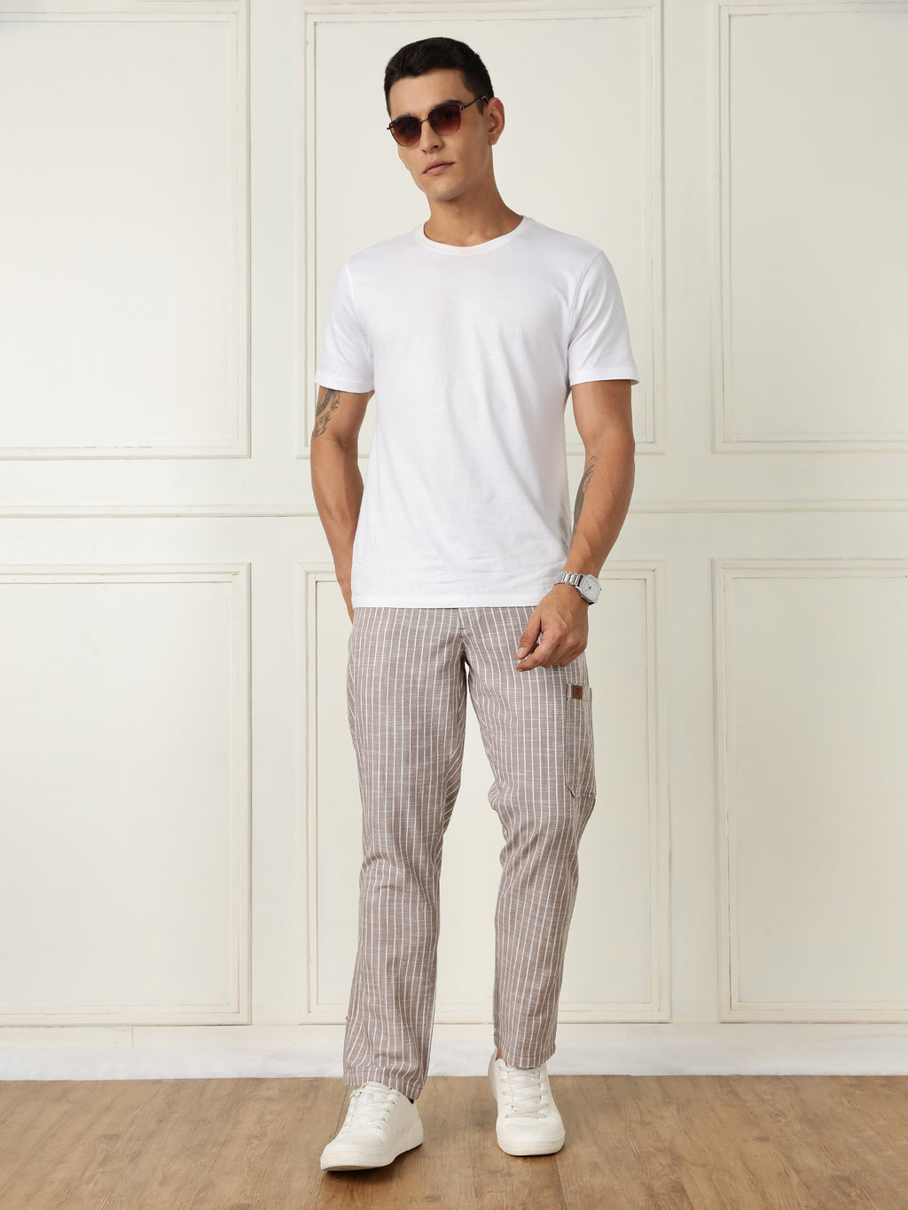 Thomas Scott Men Light Brown Mid-Rise Straight Fit Striped Linen Trouser
