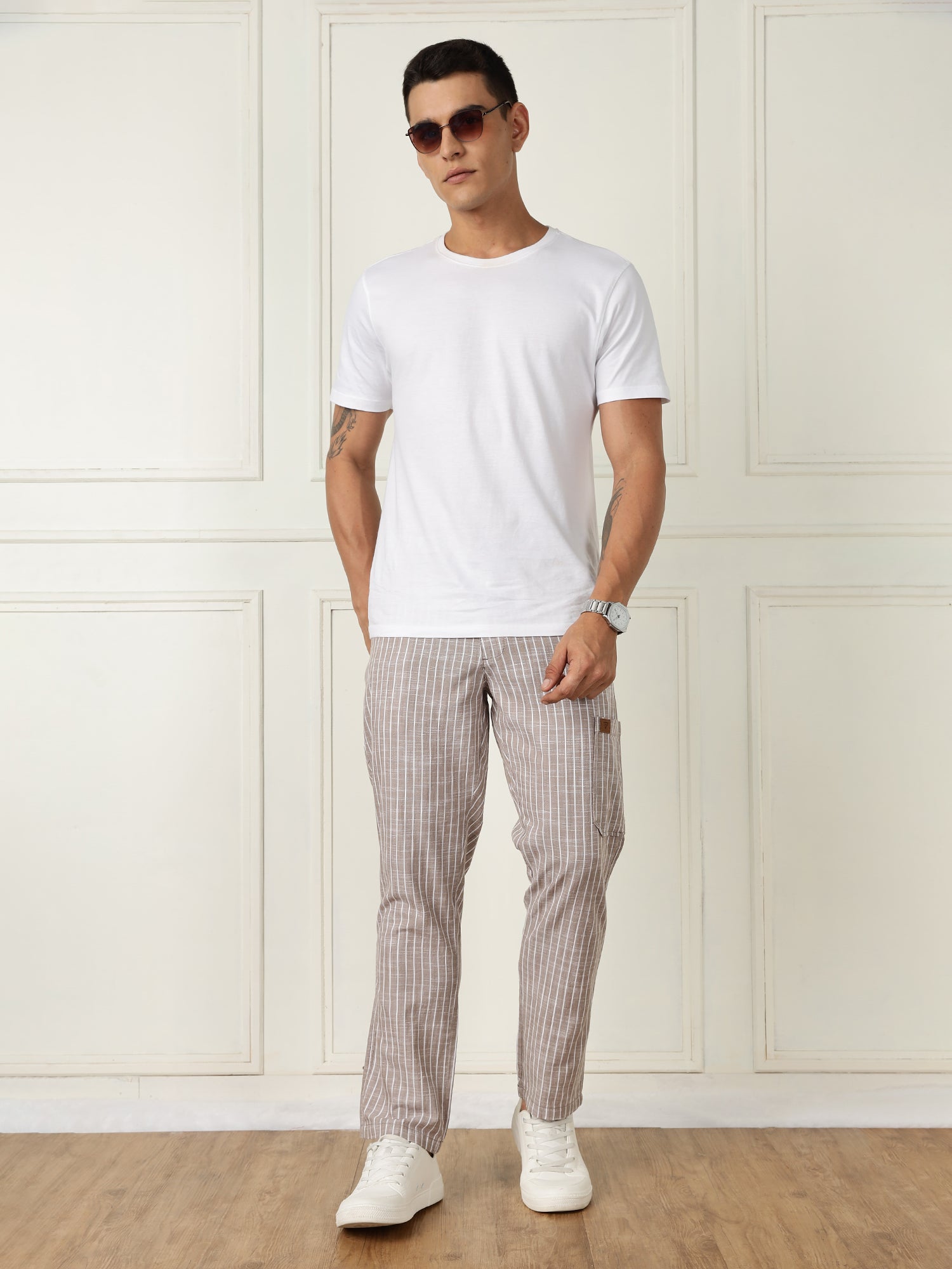 Thomas Scott Men Light Brown Mid-Rise Straight Fit Striped Linen Trouser