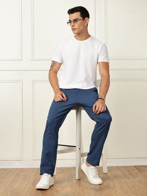 Thomas Scott Men InkBlue Mid-Rise Straight Fit Solid Woven Chinos Trouser