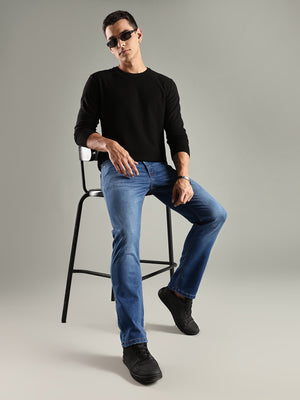 Indigo Mid-Rise Straight Fit Stretchable Jeans For Men