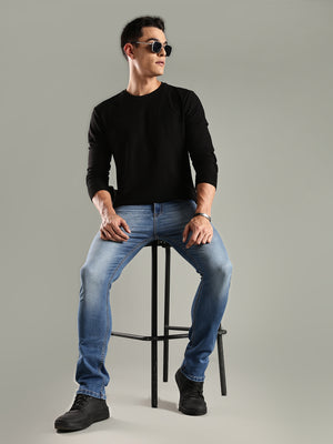 Indigo Mid-Rise Straight Fit Stretchable Jeans For Men