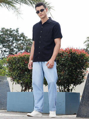 Thomas Scott Men Black Slim Fit Short Sleeves Self Design Seersucker Shirt