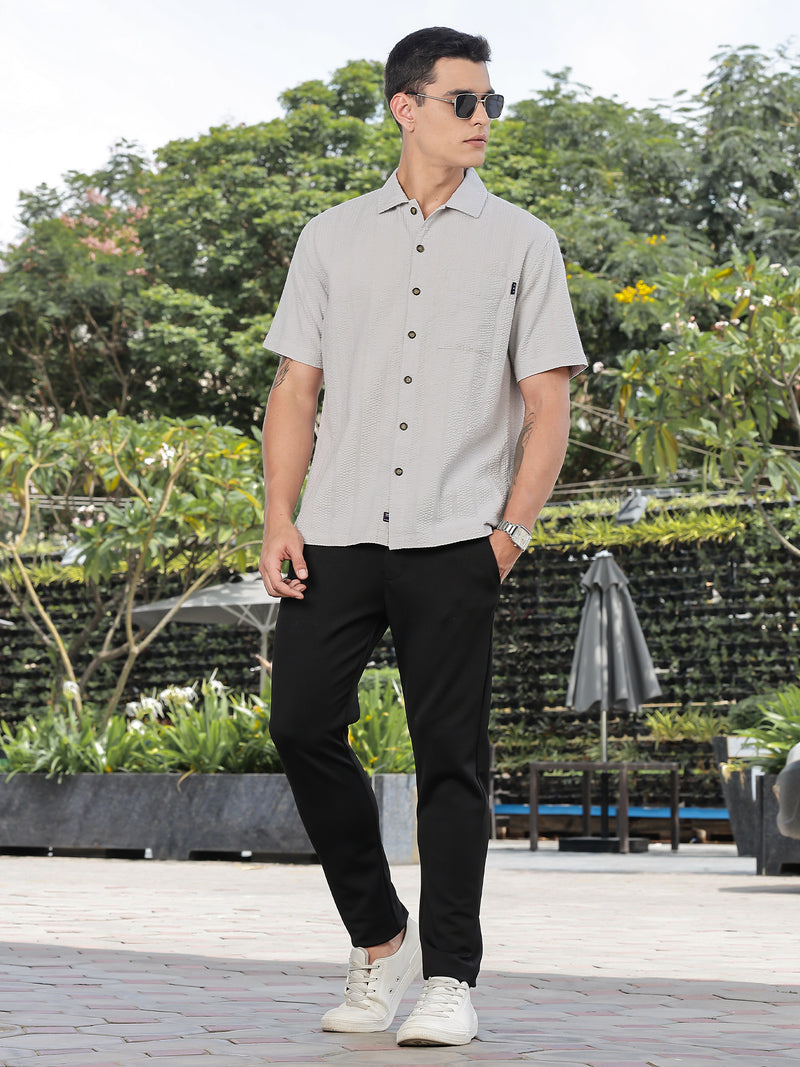 Thomas Scott Men Grey Slim Fit Short Sleeves Self Design Seersucker Shirt