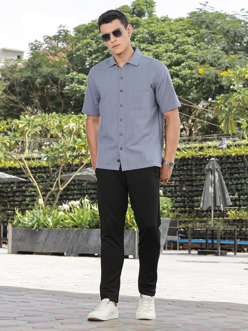 Thomas Scott Men Mid Blue Slim Fit Short Sleeves Self Design Seersucker Shirt