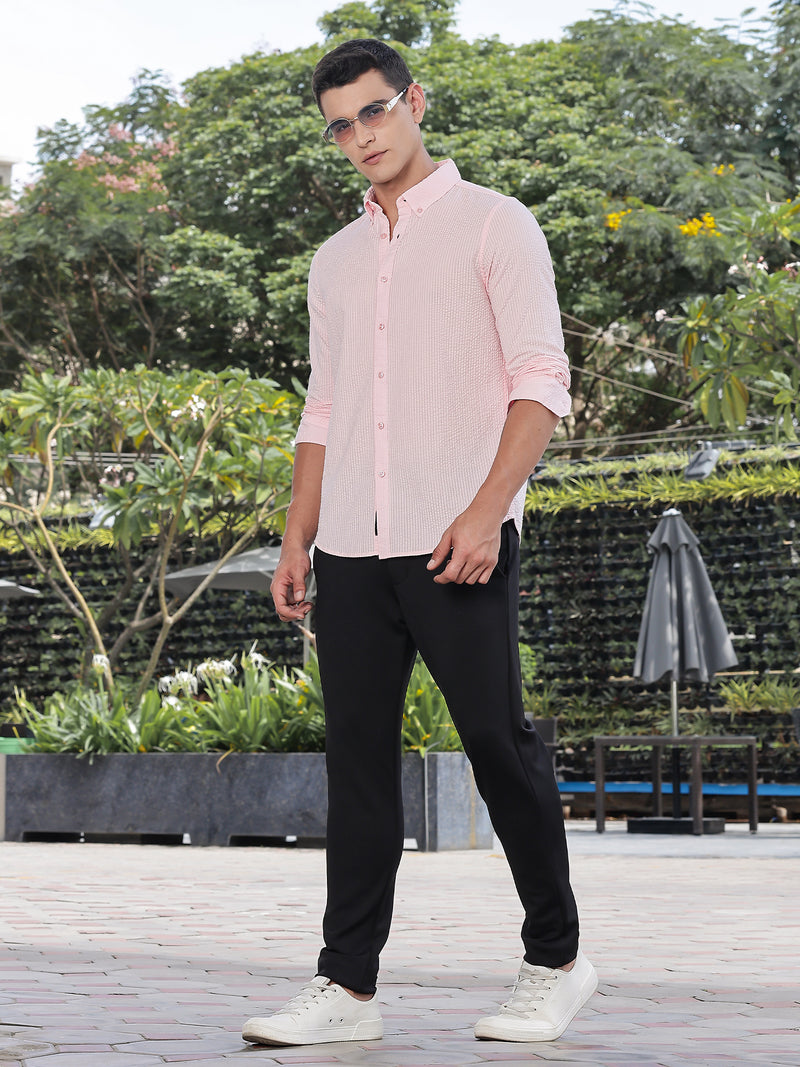 Thomas Scott Men Pink Slim Fit Long Sleeves Button-Down Collar Seersucker Shirt