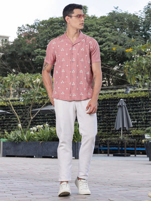 Thomas Scott Men Peach Regular Fit Short Sleeves Cuban Collar Embroidered Crop Shirt