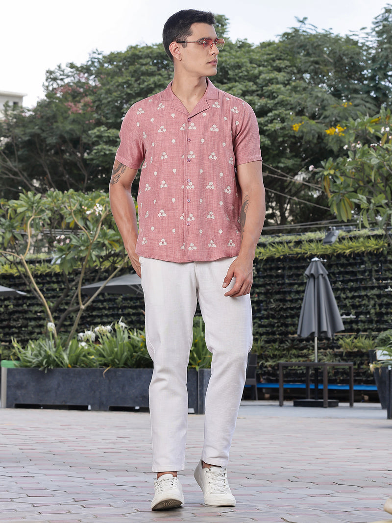 Thomas Scott Men Peach Regular Fit Short Sleeves Cuban Collar Embroidered Crop Shirt