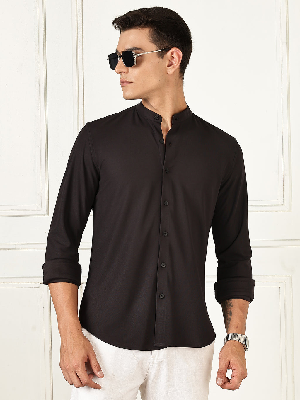 Thomas Scott Men Black Premium Slim Fit Long Sleeves Mandarin Collar 4 Way Stretch CoolMax Knitted Shirt