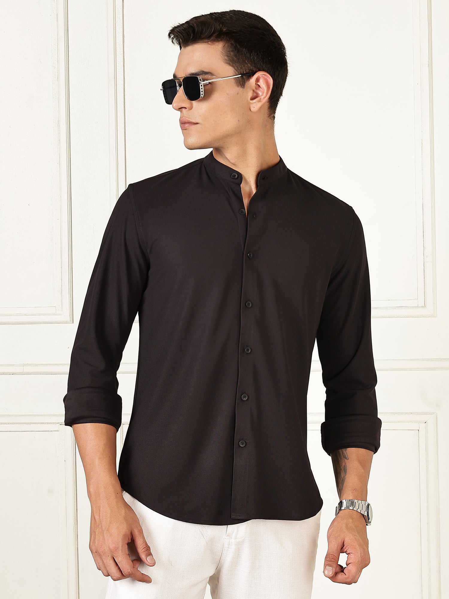 Thomas Scott Men Black Premium Slim Fit Long Sleeves Mandarin Collar 4 Way Stretch CoolMax Knitted Shirt