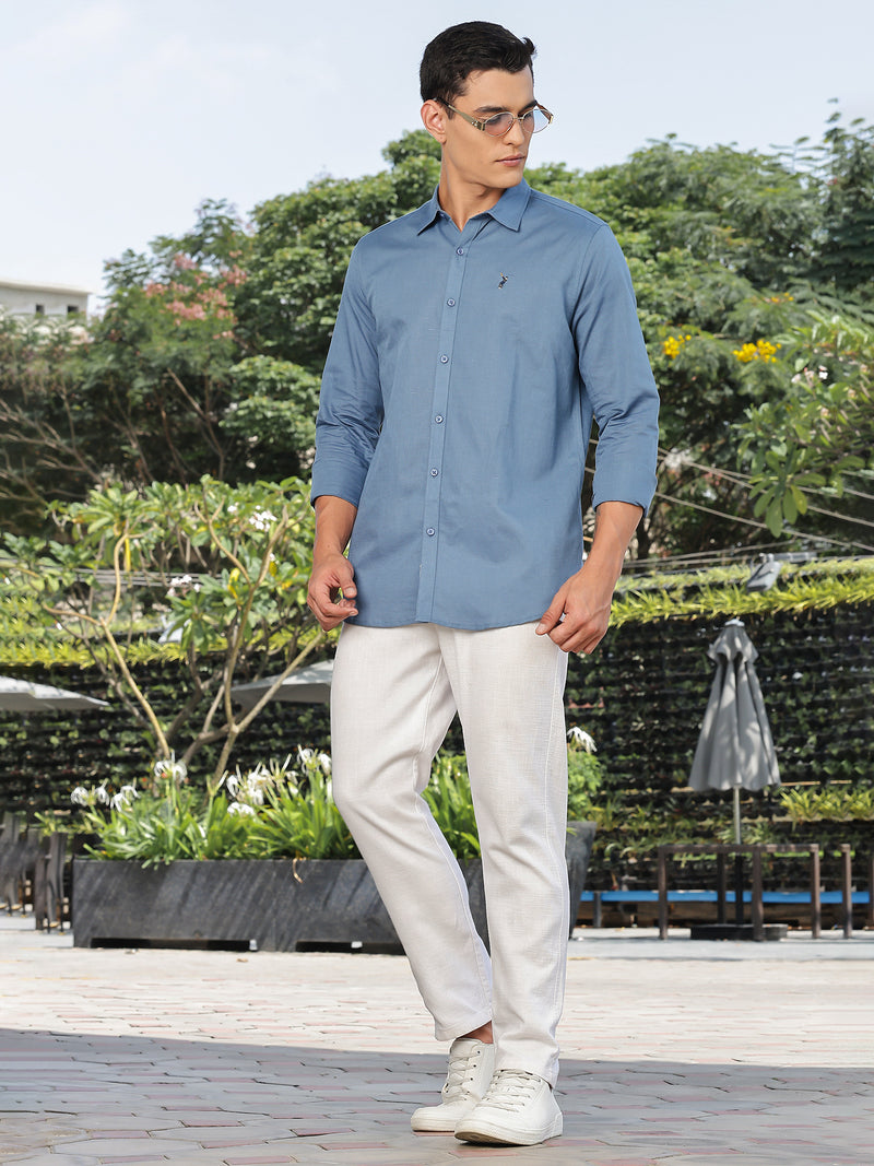 Thomas Scott Men Blue Slim Fit Long Sleeves Spread Collar Linen Casual Shirt