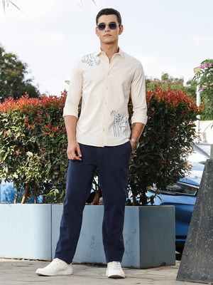 Thomas Scott Men Beige Regular Fit Long Sleeves Spread Collar Oxford Embroidered Shirt