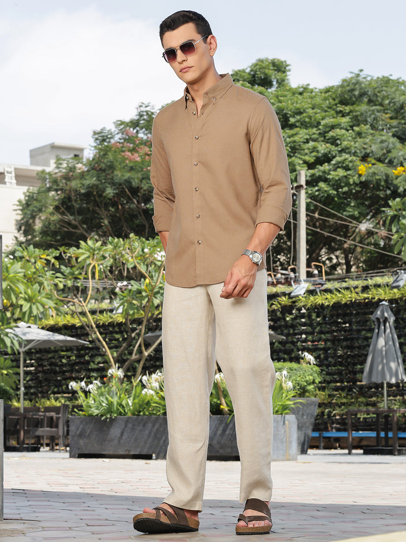 Thomas Scott Men Brown Slim Fit Long Sleeves Button-Down Collar Lyocel Linen Casual Shirt