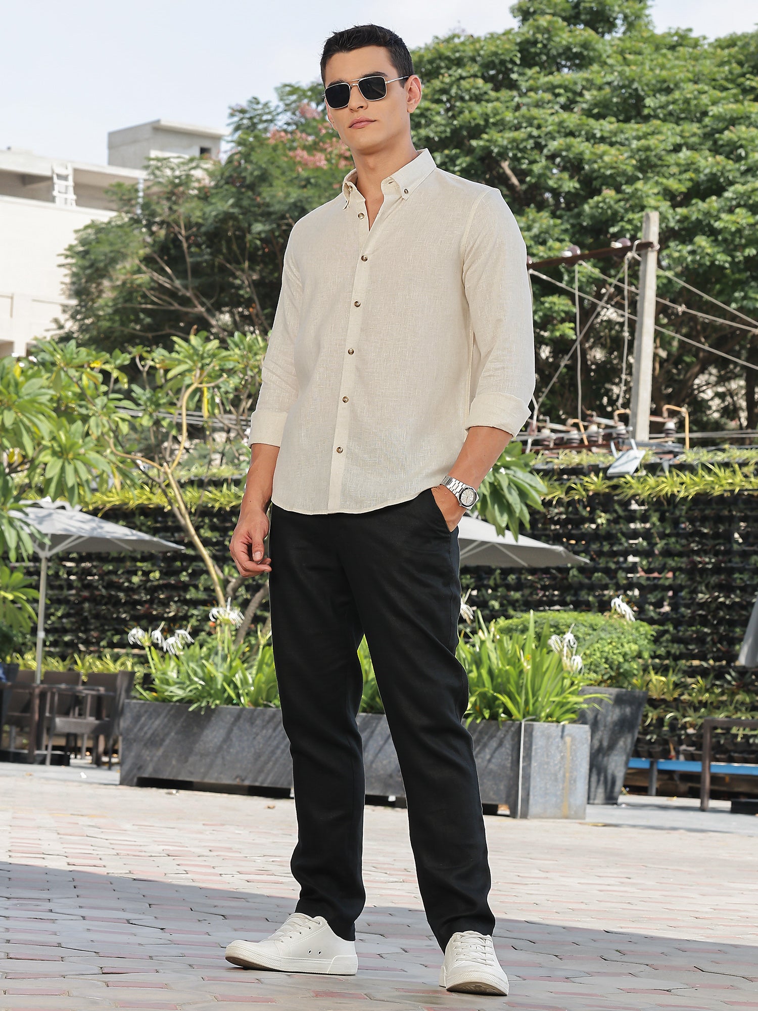 Thomas Scott Men Natural Slim Fit Long Sleeves Button-Down Collar Lyocel Linen Casual Shirt