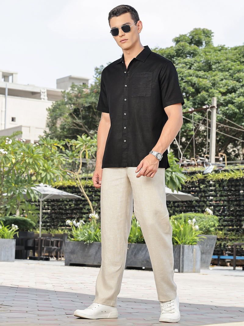 Thomas Scott Men Black Short Sleeves Oversized Cotton Linen Casual Shirt