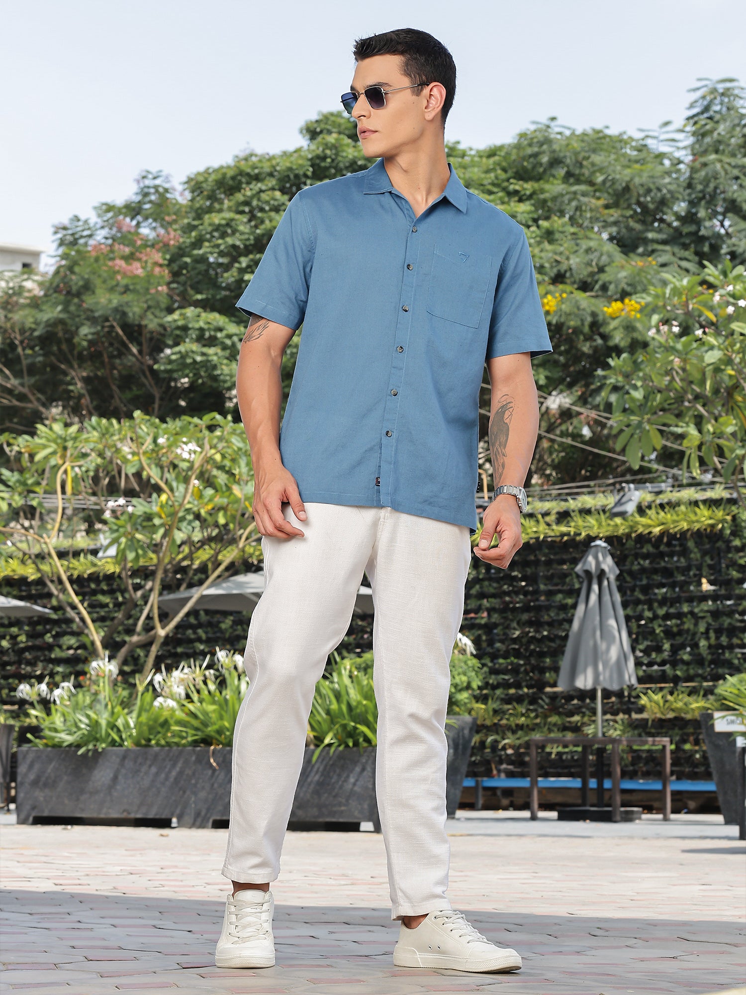 Thomas Scott Men Dark Blue Short Sleeves Oversized Cotton Linen Casual Shirt