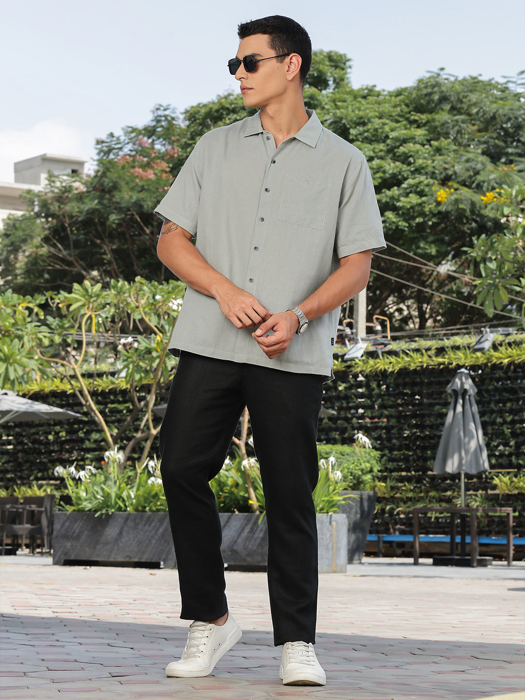 Thomas Scott Men Grey Short Sleeves Oversized Cotton Linen Casual Shirt