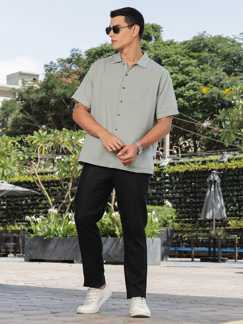 Thomas Scott Men Grey Short Sleeves Oversized Cotton Linen Casual Shirt