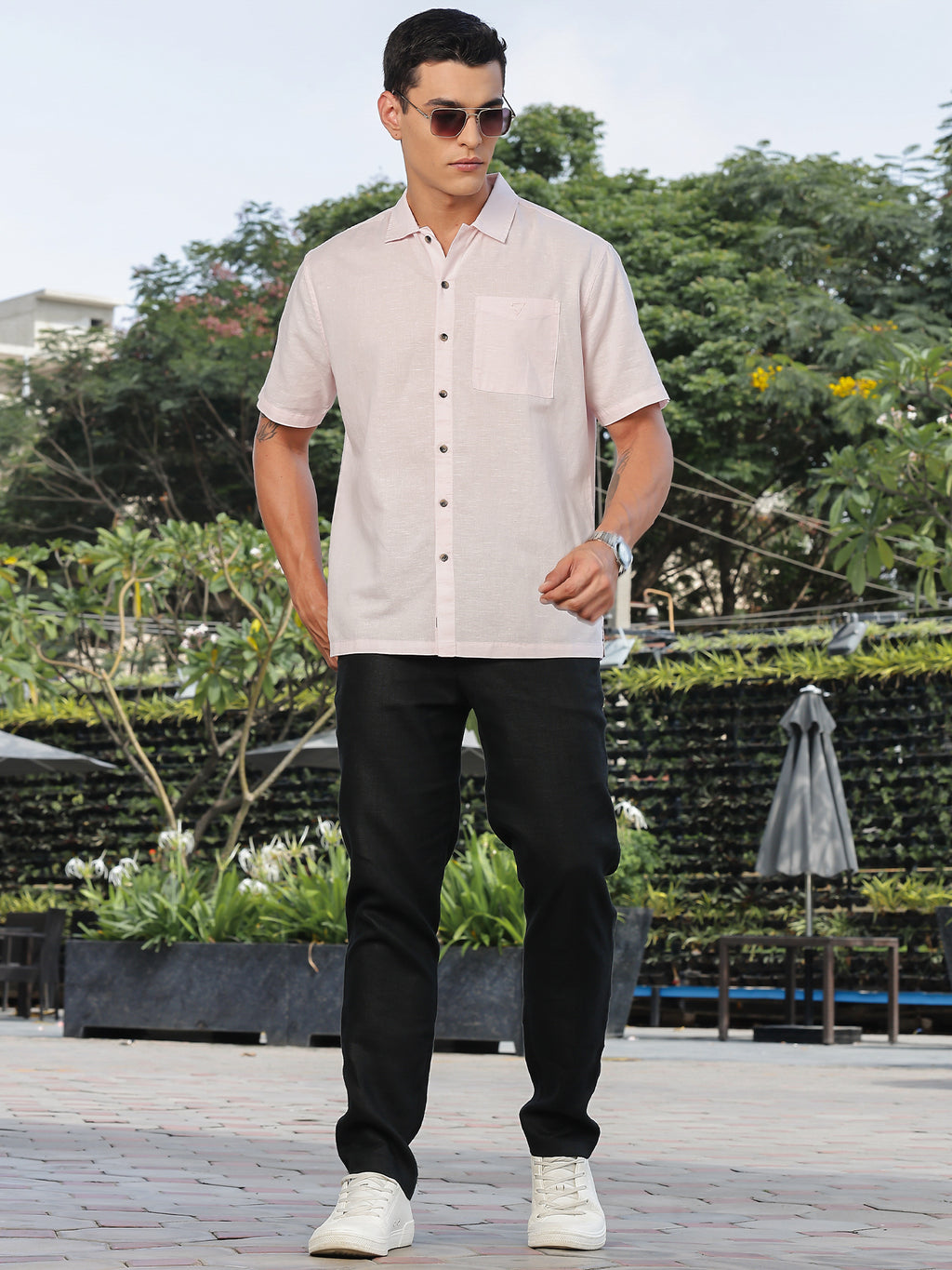 Thomas Scott Men Pink Short Sleeves Oversized Cotton Linen Casual Shirt