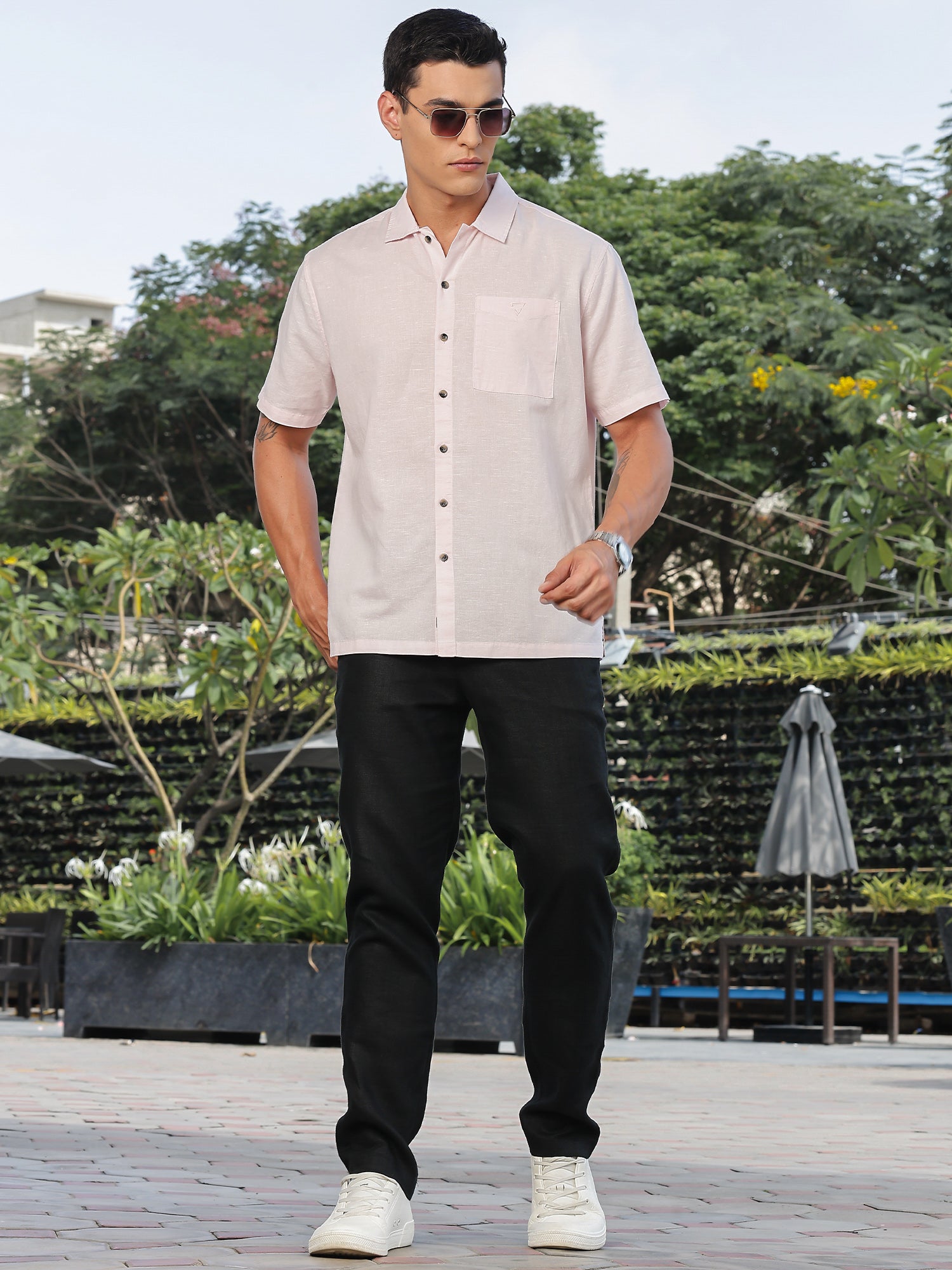 Thomas Scott Men Pink Short Sleeves Oversized Cotton Linen Casual Shirt