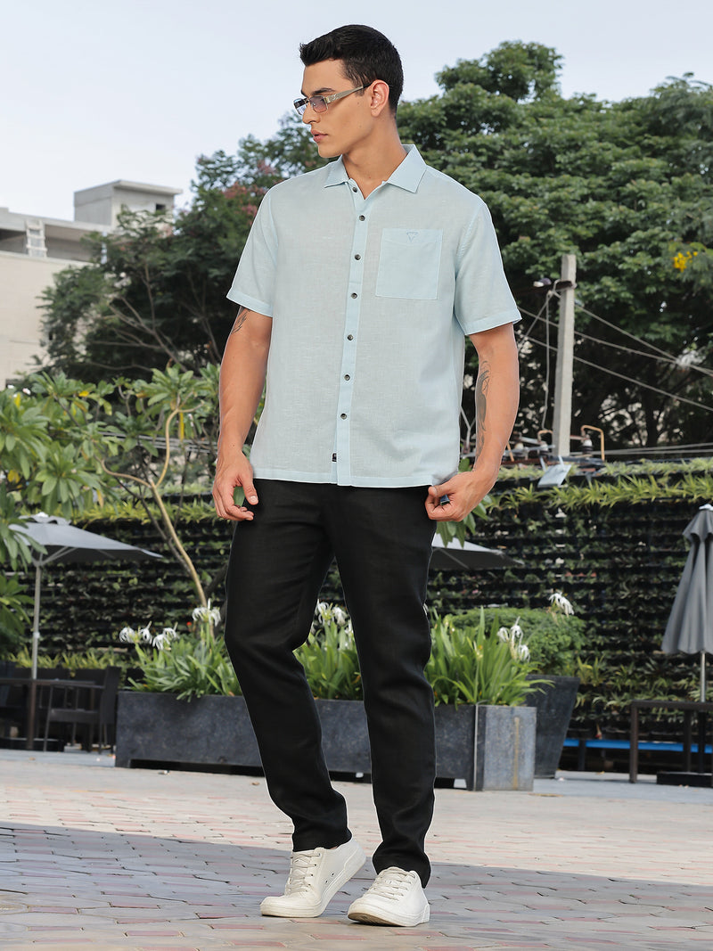 Thomas Scott Men Sky Blue Short Sleeves Oversized Cotton Linen Casual Shirt