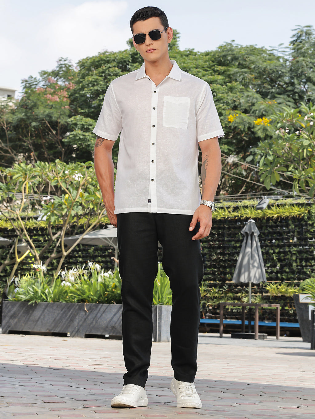 Thomas Scott Men White Short Sleeves Oversized Cotton Linen Casual Shirt