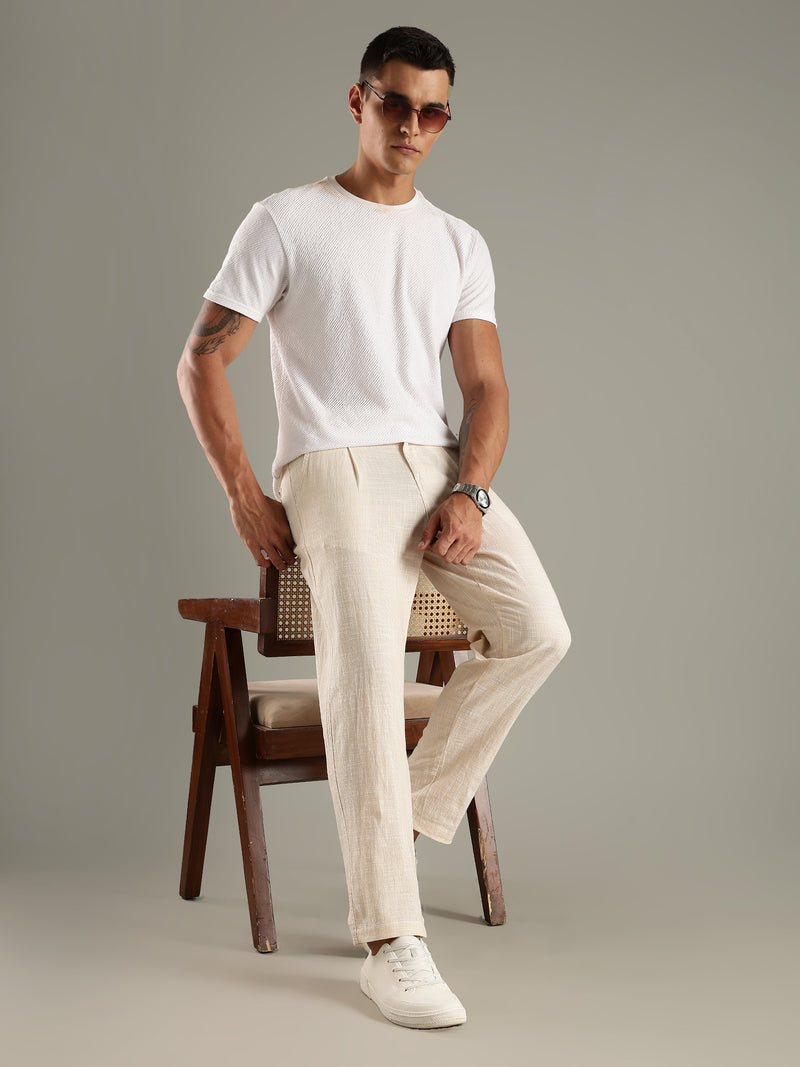 Thomas Scott Men Beige Straight Fit Mid-Rise Sriped Linen Trouser