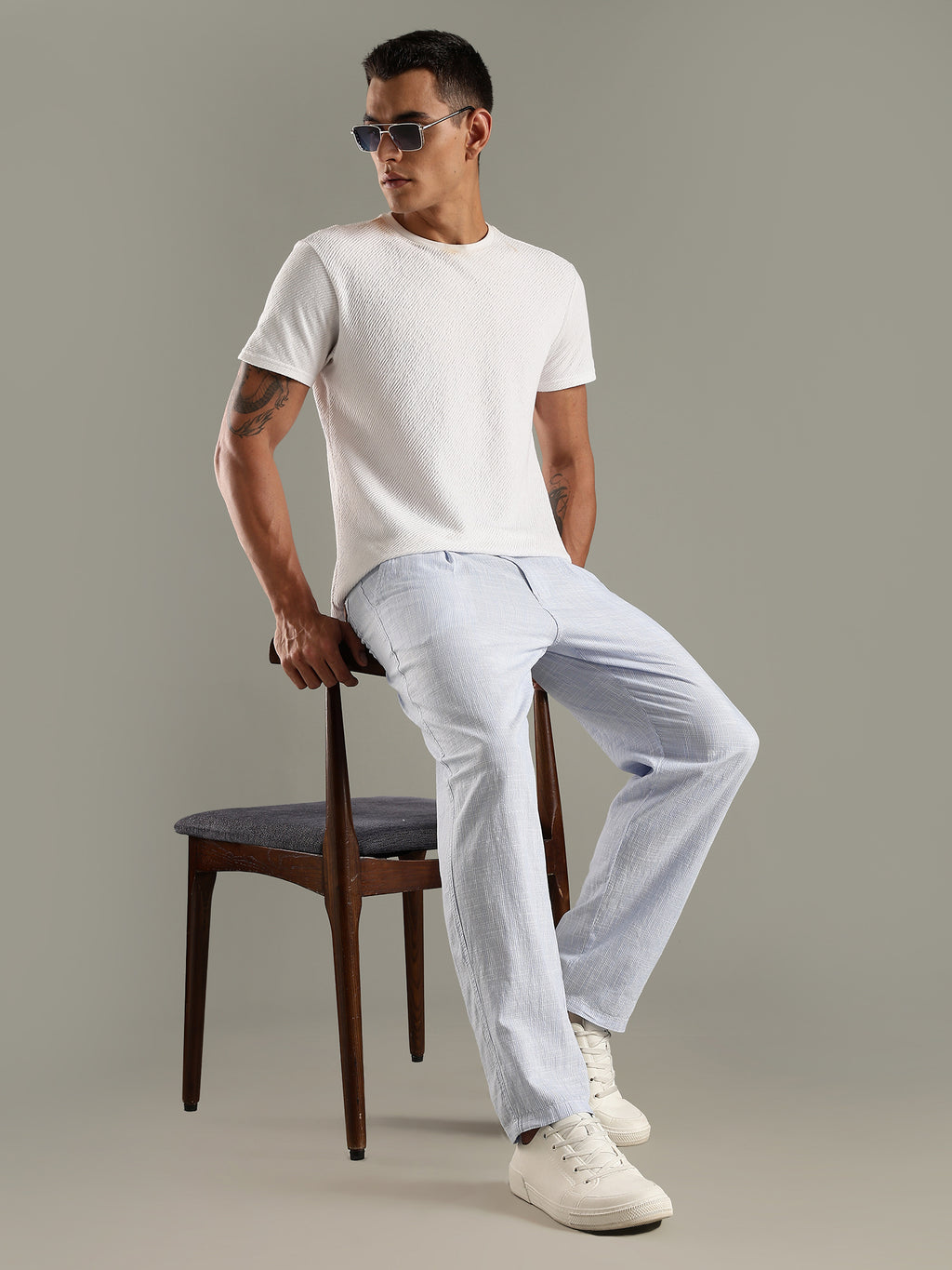 Thomas Scott Men Blue Straight Fit Mid-Rise Sriped Linen Trouser