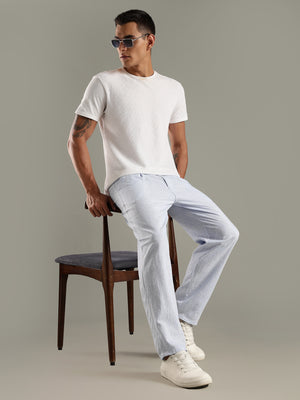 Thomas Scott Men Blue Straight Fit Mid-Rise Sriped Linen Trouser