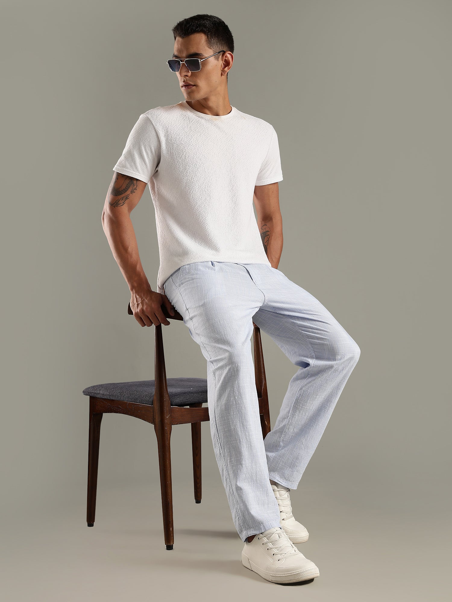 Thomas Scott Men Blue Straight Fit Mid-Rise Sriped Linen Trouser